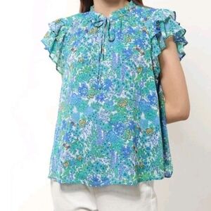 Joie Floral Blue and Green Women's Top Garden Party Brunch Career Large Vacation